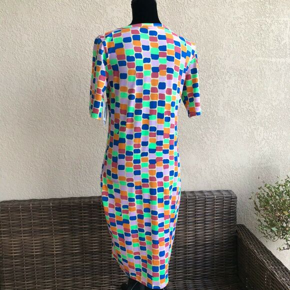 LuLaRoe Womens Dress Sz M Julia Colorful Rectangles Dots Green Rust Blue NEW - Picture 3 of 6